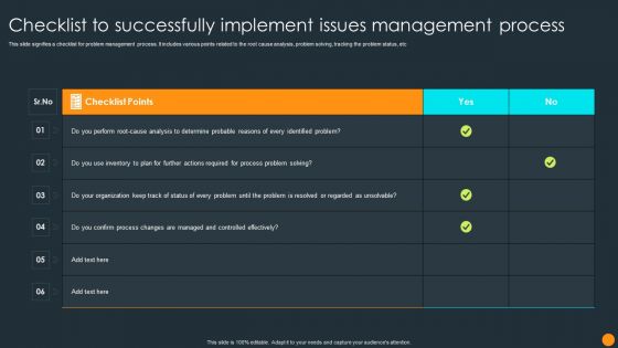 Checklist To Successfully Implement Issues Management Process Ppt Infographics Picture PDF