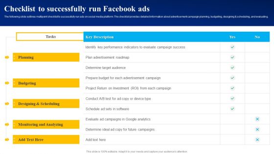 Checklist To Successfully Run Facebook Ads Ppt PowerPoint Presentation File Backgrounds PDF Checklist To Successfully Run Facebook Ads Ppt PowerPoint Presentation File Backgrounds PDF
