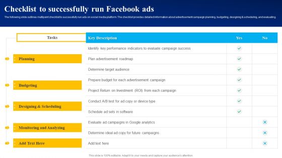 Checklist To Successfully Run Facebook Ads Ppt PowerPoint Presentation File Backgrounds PDF