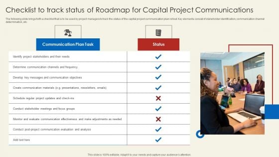 Checklist To Track Status Of Roadmap For Capital Project Communications Elements PDF