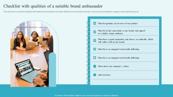 Checklist With Qualities Of A Suitable Brand Ambassador Building A Comprehensive Brand Template PDF