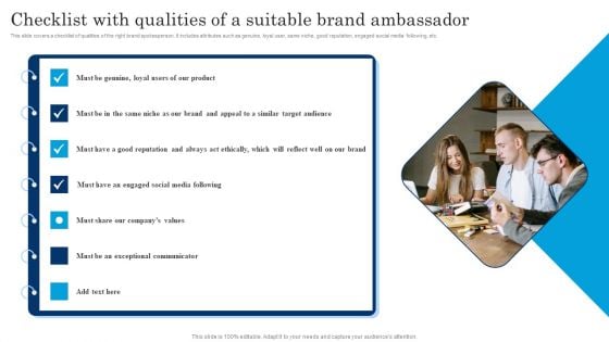 Checklist With Qualities Of A Suitable Brand Ambassador Executing Brand Communication Strategy Infographics PDF