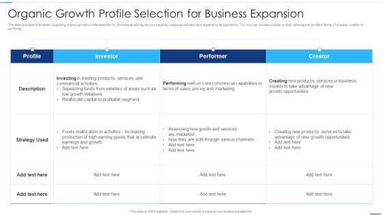 Chief Strategy Executive Playbook Organic Growth Profile Selection For Business Expansion Designs PDF