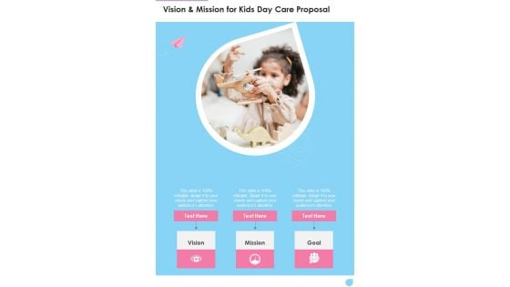 Child Care Vision And Mission For Kids Day Care Proposal One Pager Sample Example Document