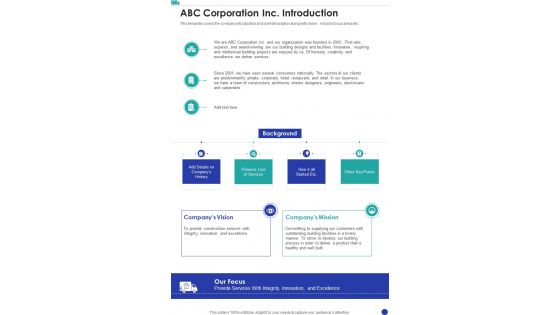Child House Care Truck Funding Abc Corporation Inc Introduction One Pager Sample Example Document