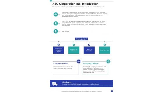 Child House Care Truck Funding Abc Corporation Inc Introduction One Pager Sample Example Document Child House Care Truck Funding Abc Corporation Inc Introduction One Pager Sample Example Document