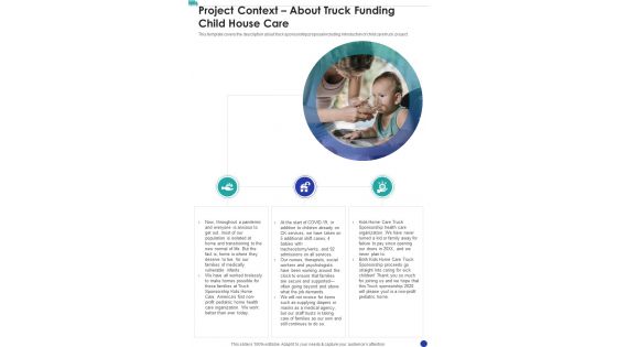 Child House Care Truck Funding Project Context About Truck Funding One Pager Sample Example Document