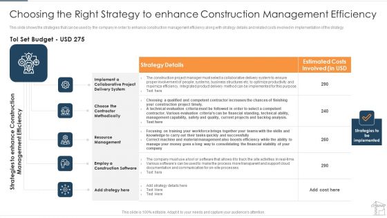 Choosing The Right Strategy To Enhance Construction Management Efficiency Icons PDF