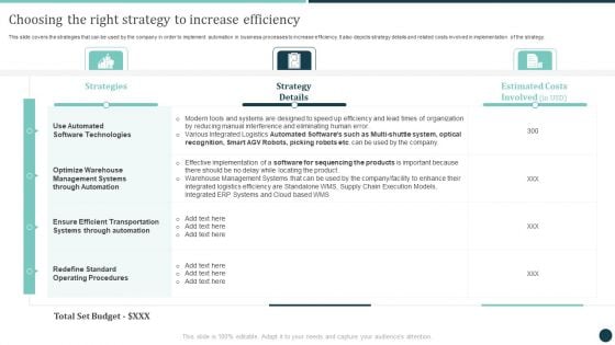 Choosing The Right Strategy To Increase Efficiency Logistics Strategy To Improve Background PDF