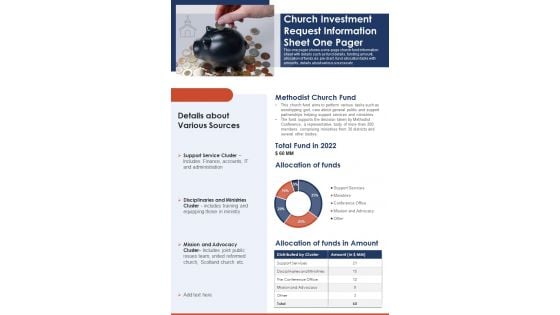 Church Investment Request Information Sheet One Pager PDF Document PPT Template