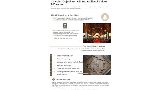 Churchs Objectives With Foundational Values And Purpose One Pager Documents