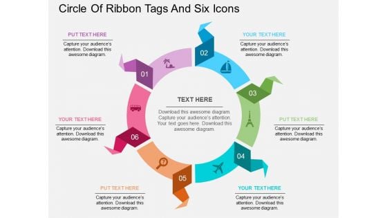 Circle Of Ribbon Tags And Six Icons Powerpoint Template