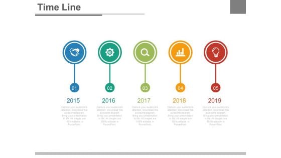 Circle Yearly Tags Timeline With Icons Powerpoint Slides