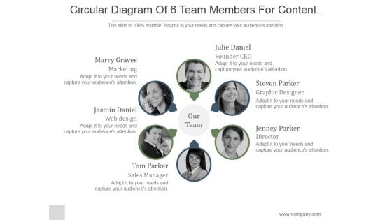 Circular Diagram Of 6 Team Members For Content Marketing Ppt PowerPoint Presentation Designs Download