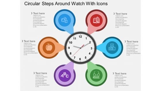 Circular Steps Around Watch With Icons Powerpoint Template