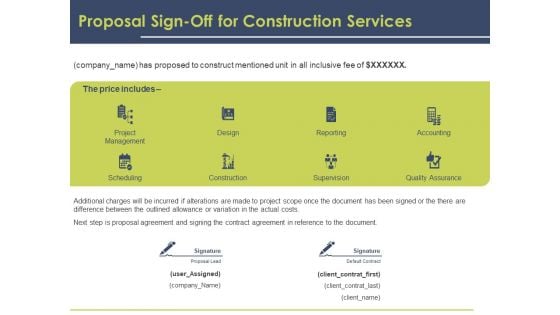 Civil Building Construction Proposal Proposal Sign Off For Construction Services Summary PDF