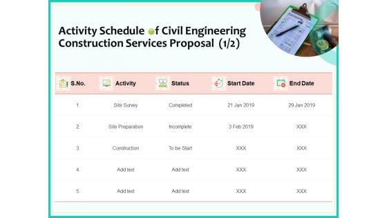 Civil Engineering Consulting Services Activity Schedule Of Civil Engineering Construction Services Proposal Date Template PDF Civil Engineering Consulting Services Activity Schedule Of Civil Engineering Construction Services Proposal Date Template PDF