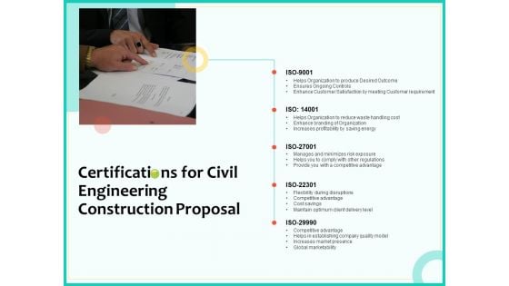 Civil Engineering Consulting Services Certifications For Civil Engineering Construction Proposal Background PDF