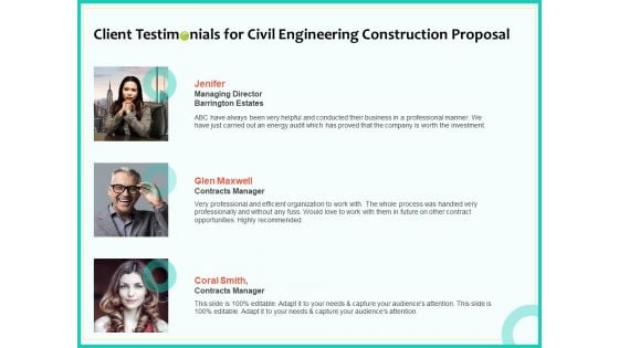 Civil Engineering Consulting Services Client Testimonials For Civil Engineering Construction Proposal Portrait PDF