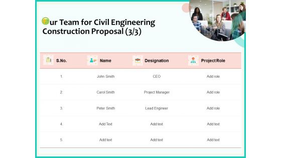 Civil Engineering Consulting Services Our Team For Civil Engineering Construction Proposal Diagrams PDF