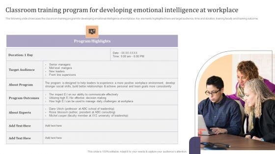 Classroom Training Program For Developing Emotional Intelligence At Workplace Ppt Model Grid PDF