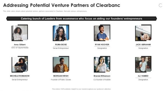 Clearbanc Investor Funding Elevator Pitch Deck Addressing Potential Venture Partners Of Clearbanc Ideas PDF