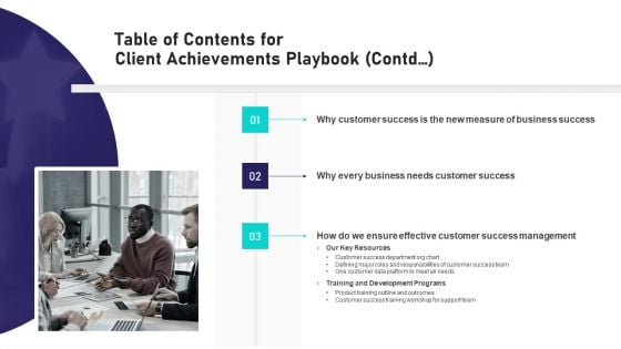 Client Achievements Playbook Table Of Contents For Client Achievements Playbook Contd Ideas PDF