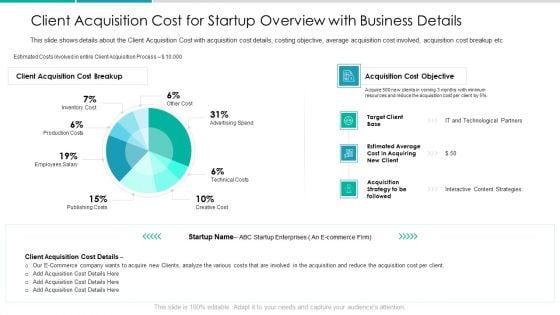 Client Acquisition Cost For Customer Retention Client Acquisition Cost For Startup Overview With Business Details Brochure PDF