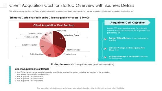 Client Acquisition Cost For Startup Overview With Business Details Mockup PDF