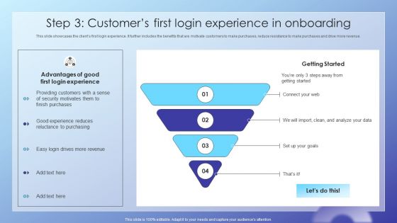 Client Acquisition Journey Plan Step 3 Customers First Login Experience In Onboarding Diagrams PDF