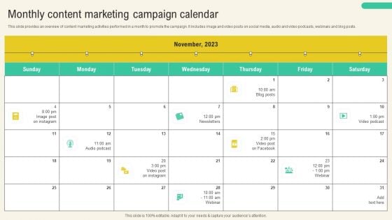 Client Acquisition Through Marketing Campaign Monthly Content Marketing Campaign Calendar Inspiration PDF