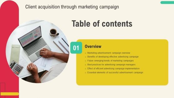 Client Acquisition Through Marketing Campaign Table Of Contents Designs PDF