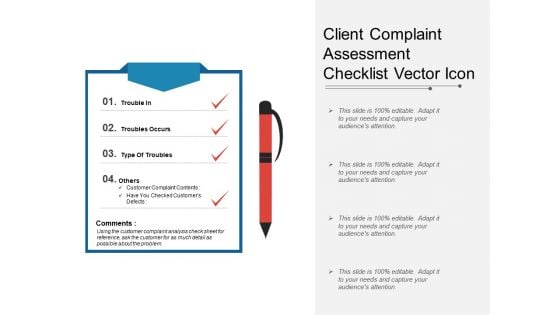 Client Complaint Assessment Checklist Vector Icon Ppt PowerPoint Presentation Gallery Graphics PDF