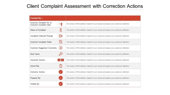 Client Complaint Assessment With Correction Actions Ppt PowerPoint Presentation File Pictures PDF