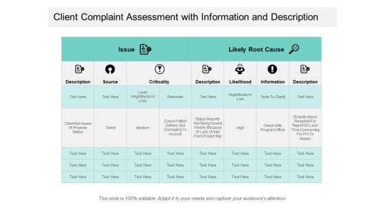 Client Complaint Assessment With Information And Description Ppt PowerPoint Presentation Gallery File Formats PDF