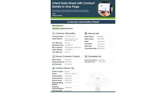 Client Data Sheet With Contact Details In One Page PDF Document PPT Template