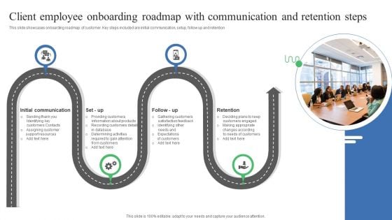 Client Employee Onboarding Roadmap With Communication And Retention Steps Topics PDF