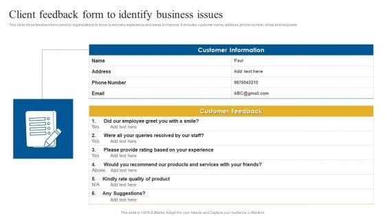 Client Feedback Form To Identify Business Issues Mockup PDF