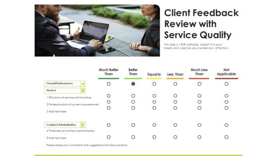 Client Feedback Review With Service Quality Ppt PowerPoint Presentation Icon Samples PDF