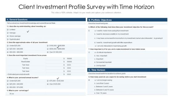 Client Investment Profile Survey With Time Horizon Ppt PowerPoint Presentation File Guide PDF Client Investment Profile Survey With Time Horizon Ppt PowerPoint Presentation File Guide PDF