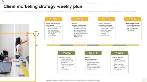Client Marketing Strategy Weekly Plan Ppt Slides Aids PDF
