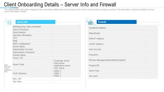 Client Onboarding Details Server Info And Firewall Ppt Slides Inspiration PDF