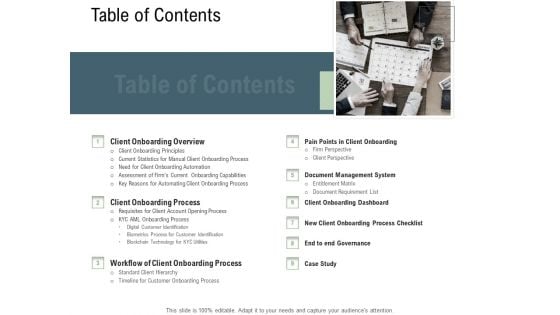 Client Onboarding Framework Table Of Contents Ppt Portfolio Clipart Images PDF