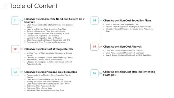 Client Procurement Cost Administration For Gaining New Customers Table Of Content Graphics PDF