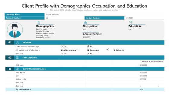 Client Profile With Demographics Occupation And Education Ppt PowerPoint Presentation File Background Image PDF