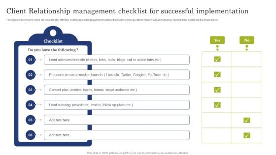Client Relationship Management Checklist For Successful Implementation Icons PDF Client Relationship Management Checklist For Successful Implementation Icons PDF