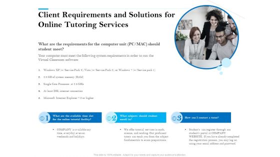 Client Requirements And Solutions For Online Tutoring Services Ppt PowerPoint Presentation Summary Pictures PDF