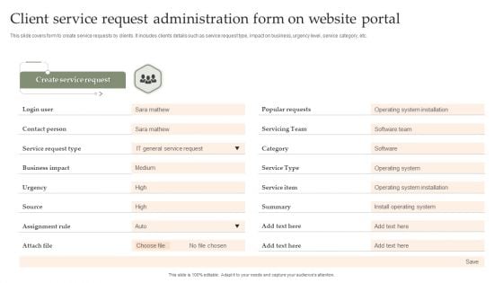 Client Service Request Administration Form On Website Portal Background PDF