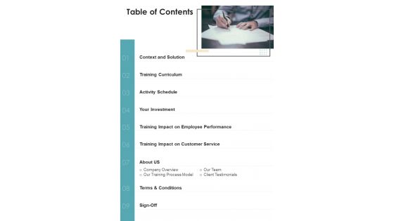 Client Service Training Proposal Table Of Contents One Pager Sample Example Document