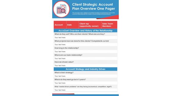 Client Strategic Account Plan Overview One Pager PDF Document PPT Template